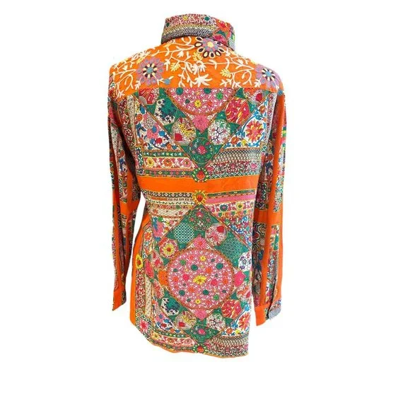 Bohemian Floral & Paisley Embroidered Shirt - All About Her S - Viscose Orange & - Picture 3 of 9